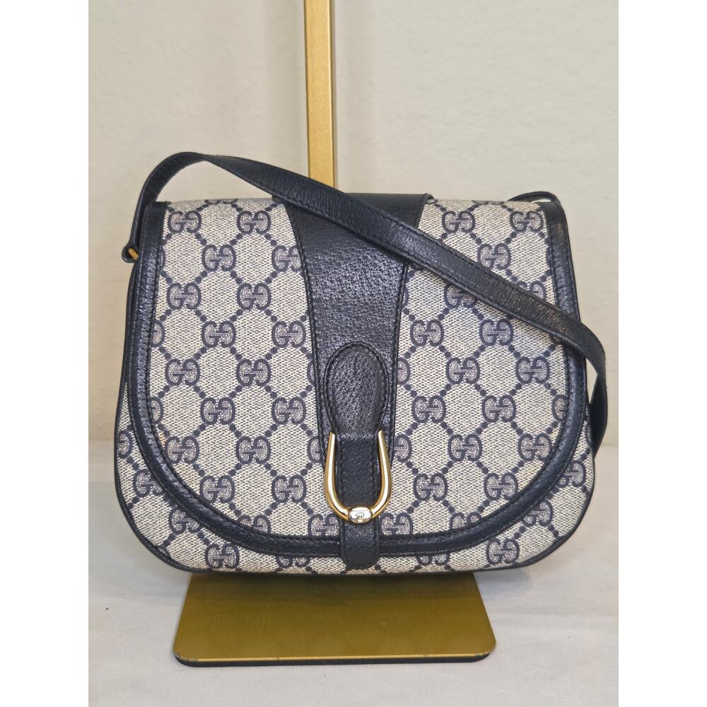 Gucci GG Supreme Navy Crossbody Bag Small Saddle Bag Italy Vintage Ophidia